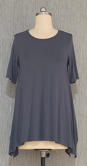 Short Sleeve uneven hem T – 93% Viscose 7% Spandex